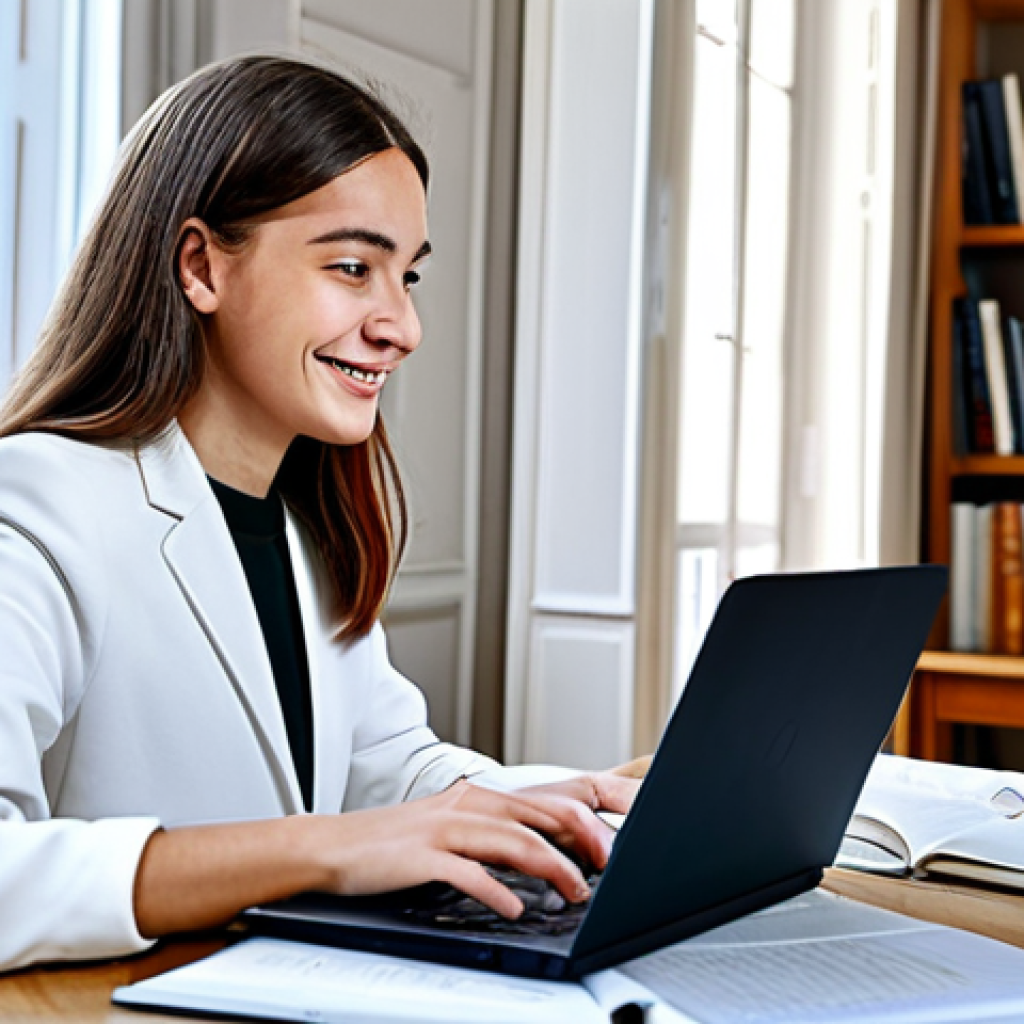 Online Learning Success**

"A young adult, fully clothed in modest, professional attire, happily studying on a laptop at a bright, modern desk in a Parisian apartment, surrounded by books and notes, safe for work, appropriate content, perfect anatomy, natural proportions, family-friendly educational setting, high-quality rendering."

**