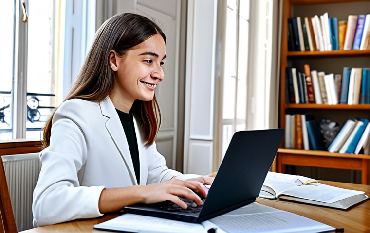 Online Learning Success**

"A young adult, fully clothed in modest, professional attire, happily studying on a laptop at a bright, modern desk in a Parisian apartment, surrounded by books and notes, safe for work, appropriate content, perfect anatomy, natural proportions, family-friendly educational setting, high-quality rendering."

**