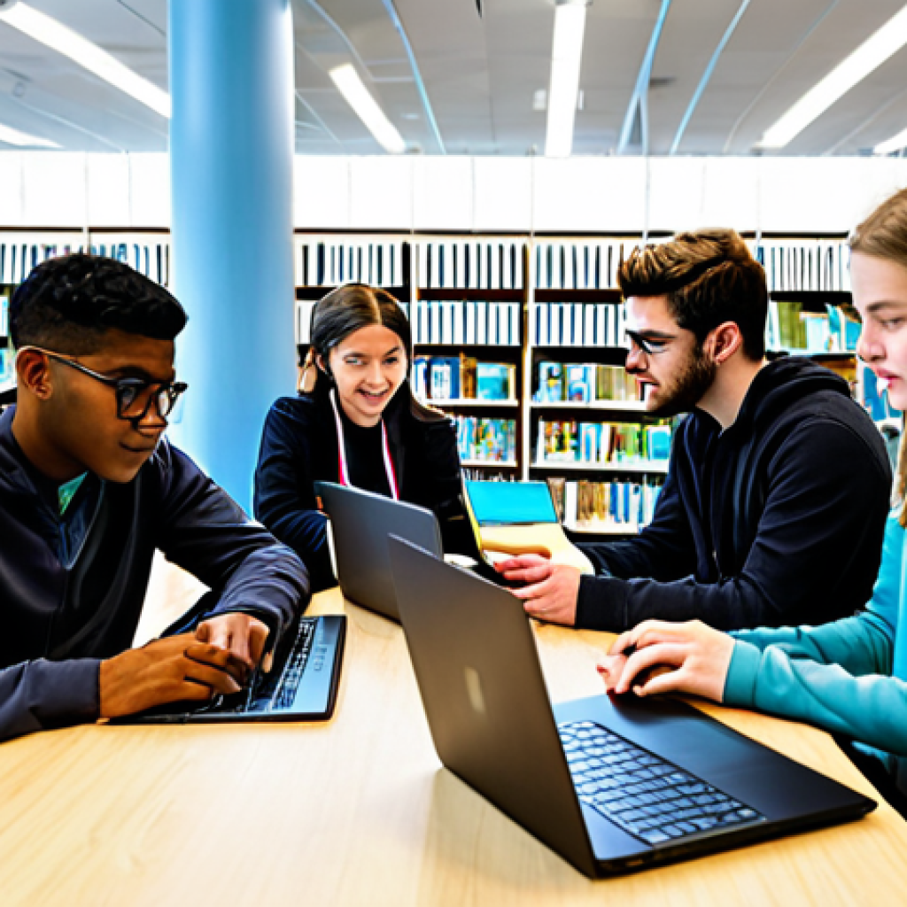 **
"A diverse group of students collaboratively working on laptops and tablets in a bright, modern library setting. Some students are engaged in face-to-face discussions, while others interact with online learning platforms. Bookshelves filled with resources line the walls. The scene emphasizes collaboration and technology integration in a learning environment. fully clothed, appropriate attire, safe for work, perfect anatomy, natural proportions, professional photography, high quality, family-friendly, well-formed hands, proper finger count, natural body proportions."
**