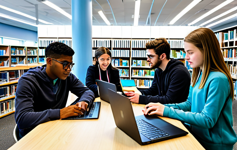 **

"A diverse group of students collaboratively working on laptops and tablets in a bright, modern library setting. Some students are engaged in face-to-face discussions, while others interact with online learning platforms. Bookshelves filled with resources line the walls. The scene emphasizes collaboration and technology integration in a learning environment. fully clothed, appropriate attire, safe for work, perfect anatomy, natural proportions, professional photography, high quality, family-friendly, well-formed hands, proper finger count, natural body proportions."

**