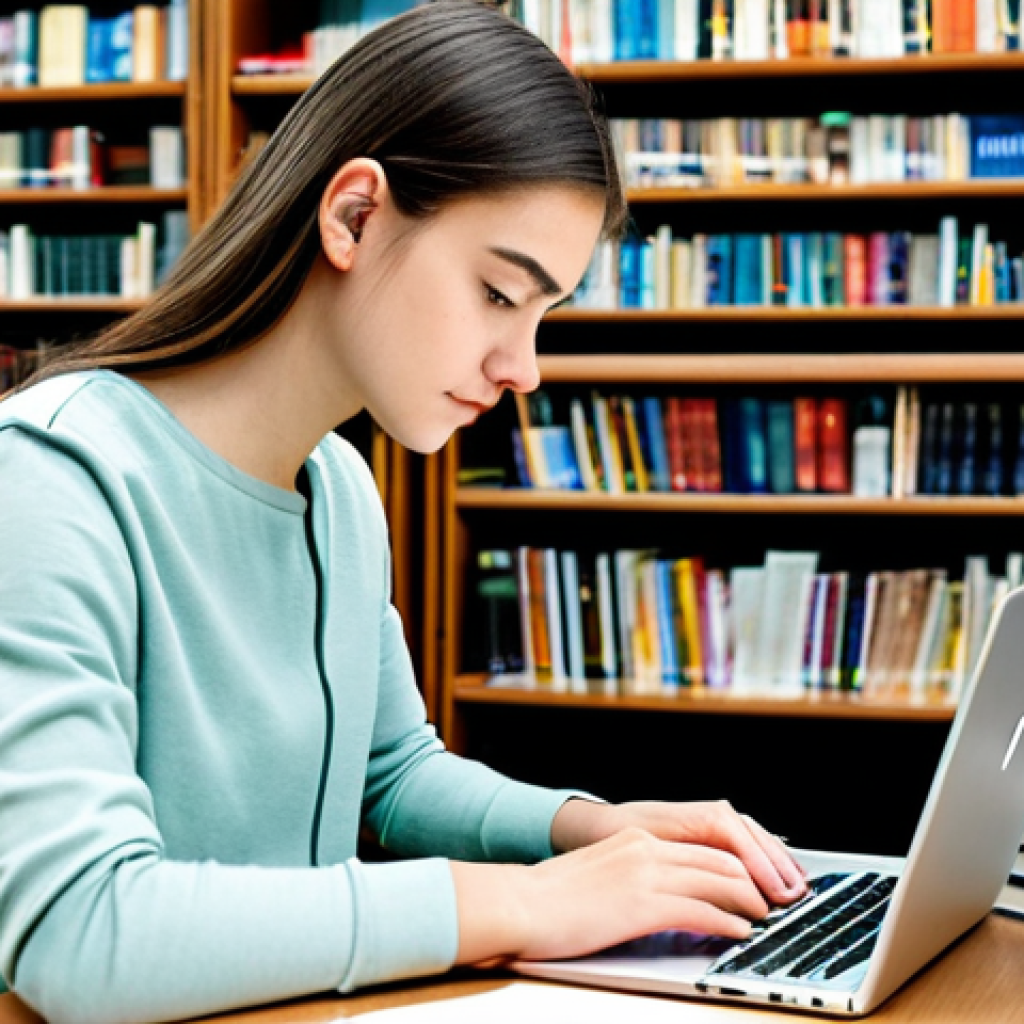Focused Learning**
"A student fully clothed in casual, modest attire, concentrating on a laptop in a bright, modern library. Books and notebooks are neatly arranged on the desk. The scene is well-lit and inviting. Safe for work, appropriate content, professional, perfect anatomy, natural pose, well-formed hands, proper finger count."
**