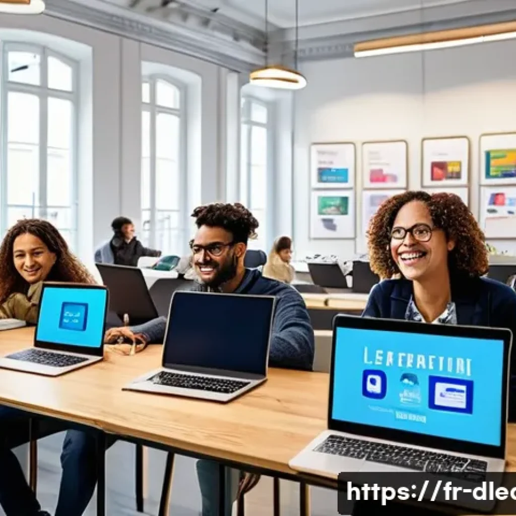 디지털 학습의 경제적 영향 - A modern digital classroom scene set in a Parisian co-working space, featuring diverse French adult ...