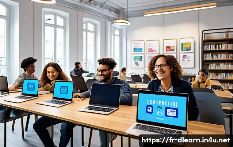 디지털 학습의 경제적 영향 - A modern digital classroom scene set in a Parisian co-working space, featuring diverse French adult ...