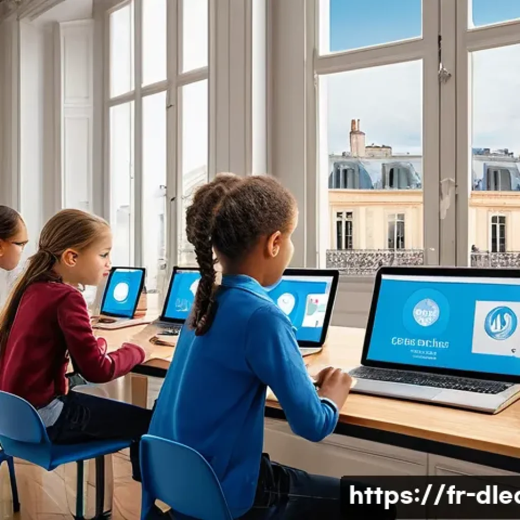 디지털 교육의 장점과 단점 - A modern digital learning environment set in a bright French classroom with large windows showing Pa...