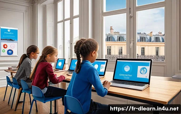 디지털 교육의 장점과 단점 - A modern digital learning environment set in a bright French classroom with large windows showing Pa...