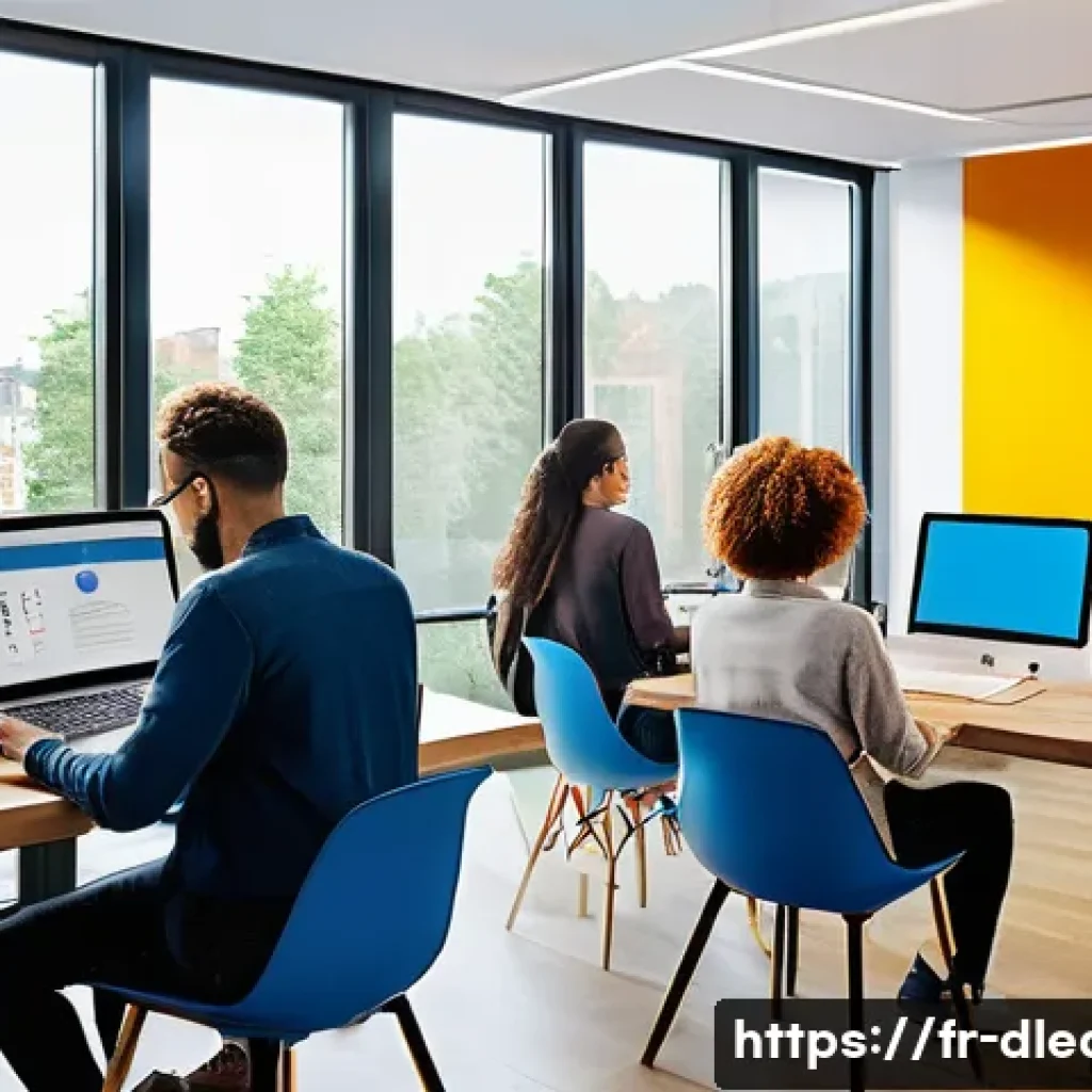 디지털 학습의 성과 비교 - A modern digital learning environment showing a diverse group of adult learners engaged with interac...