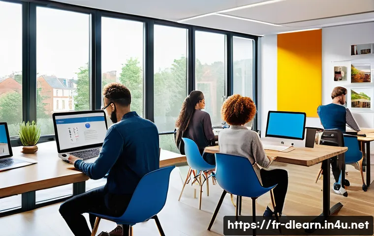 디지털 학습의 성과 비교 - A modern digital learning environment showing a diverse group of adult learners engaged with interac...