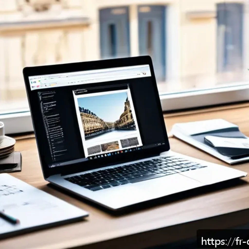 콘텐츠 관리 시스템 CMS - A modern web developer’s workspace featuring a sleek laptop displaying a complex CMS dashboard, surr...