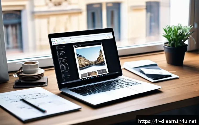 콘텐츠 관리 시스템 CMS - A modern web developer’s workspace featuring a sleek laptop displaying a complex CMS dashboard, surr...