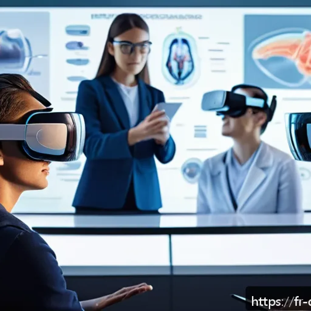 디지털 학습의 기술적 측면 - A modern virtual classroom scene showing diverse adult students interacting in a 3D immersive enviro...
