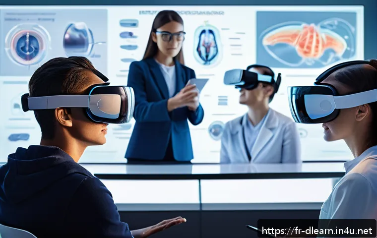 디지털 학습의 기술적 측면 - A modern virtual classroom scene showing diverse adult students interacting in a 3D immersive enviro...