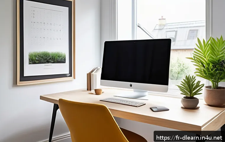디지털 교육과 학습 효율성 - A modern, ergonomically designed home study space bathed in natural daylight, featuring a sleek desk...