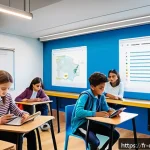 디지털 교육의 기술적 요구 사항 - A modern digital classroom scene in France, featuring diverse students aged around 12-15 wearing cas...