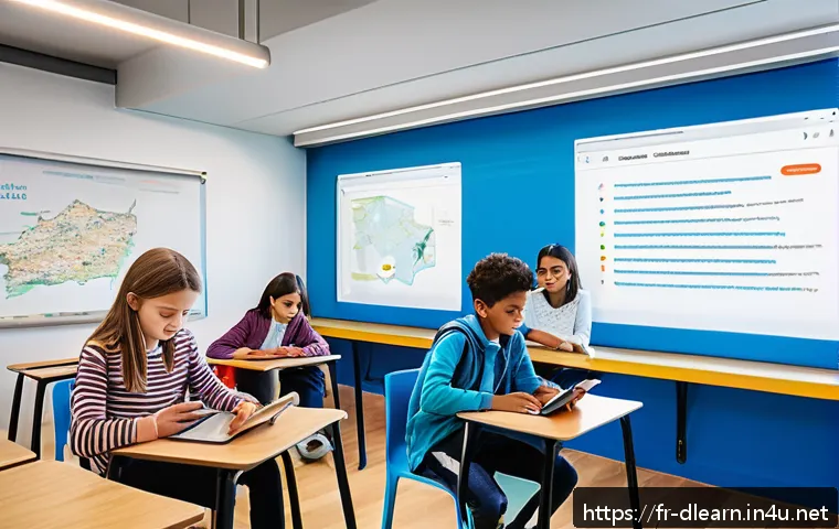 디지털 교육의 기술적 요구 사항 - A modern digital classroom scene in France, featuring diverse students aged around 12-15 wearing cas...
