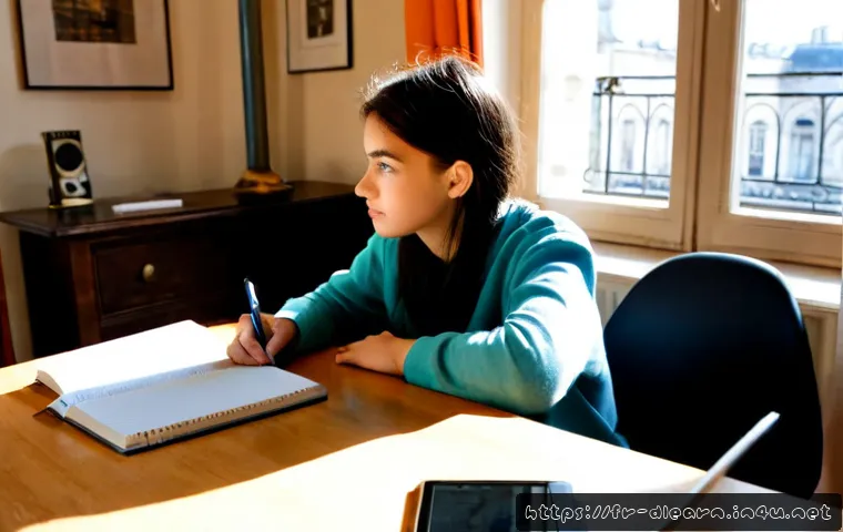 원격 학습 - Photorealistic remote learning scene in a bright Paris apartment, French university student seated a...