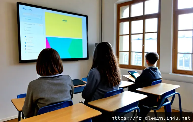 디지털 학습을 위한 기술 혁신 - Photorealistic modern French secondary school classroom during a digital learning lesson, diverse te...