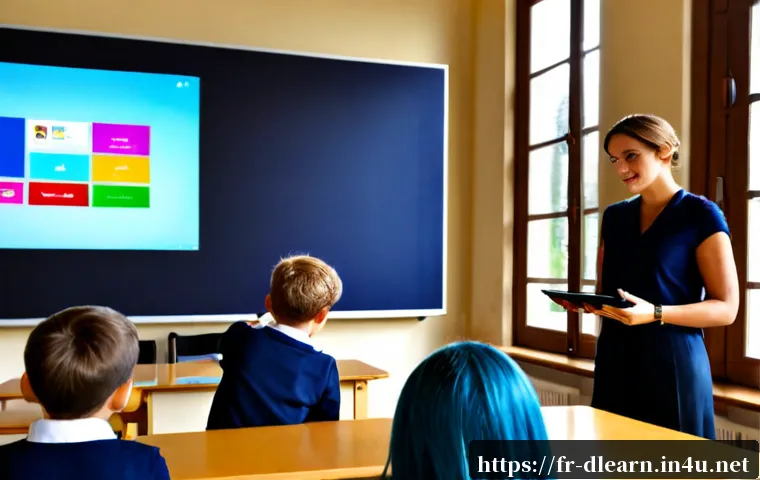 교사의 디지털 학습 역량 - Photorealistic French primary school teacher in a bright modern classroom, confidently guiding a sma...